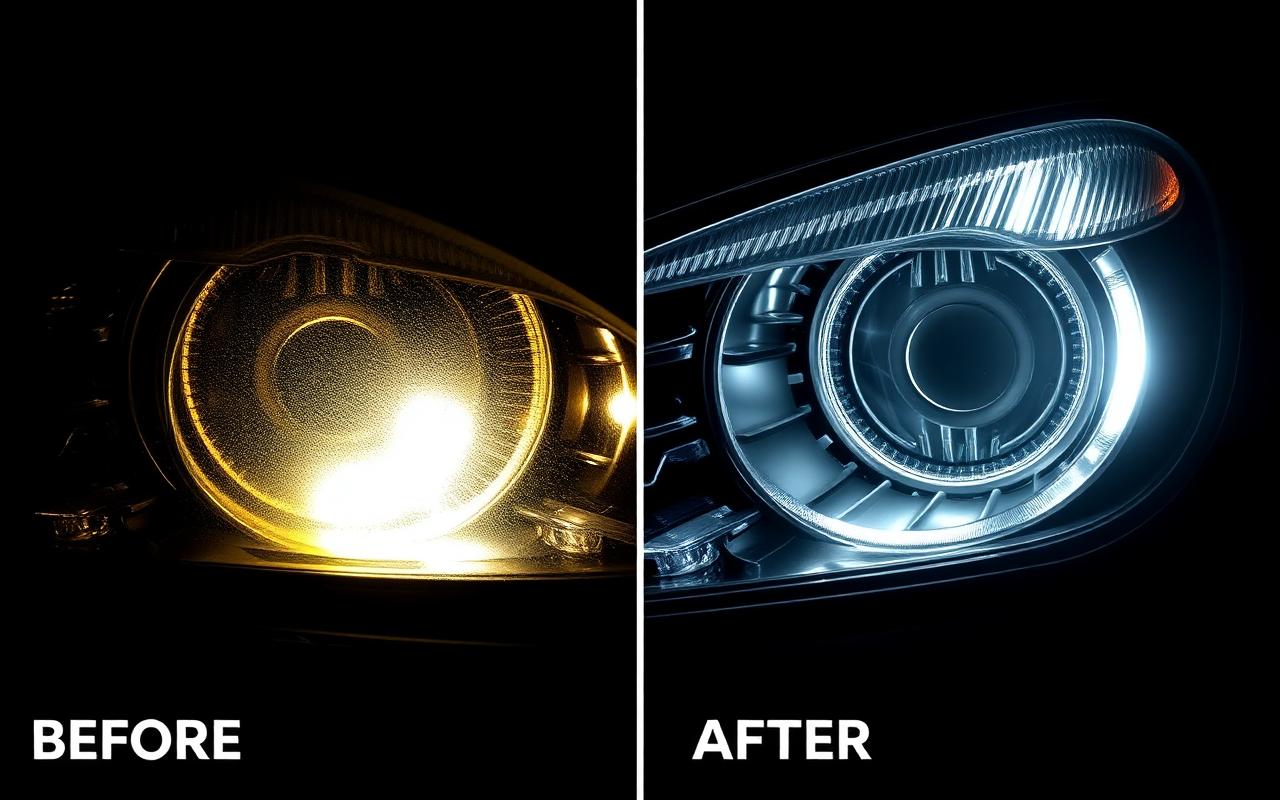 Before and after comparison of a yellow oxidized headlight restored to crystal clear clarity