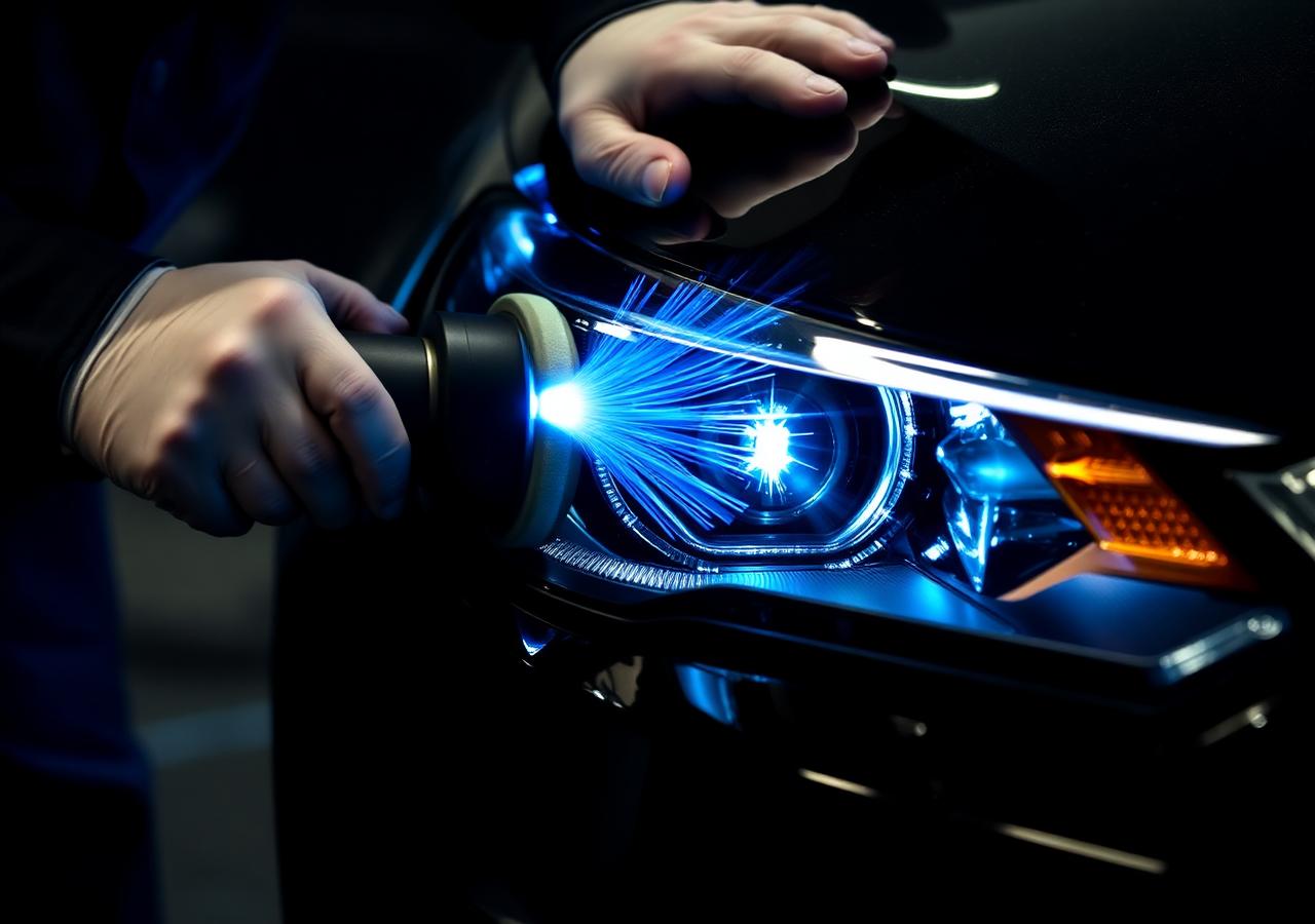 Technician polishing a car headlight with professional equipment